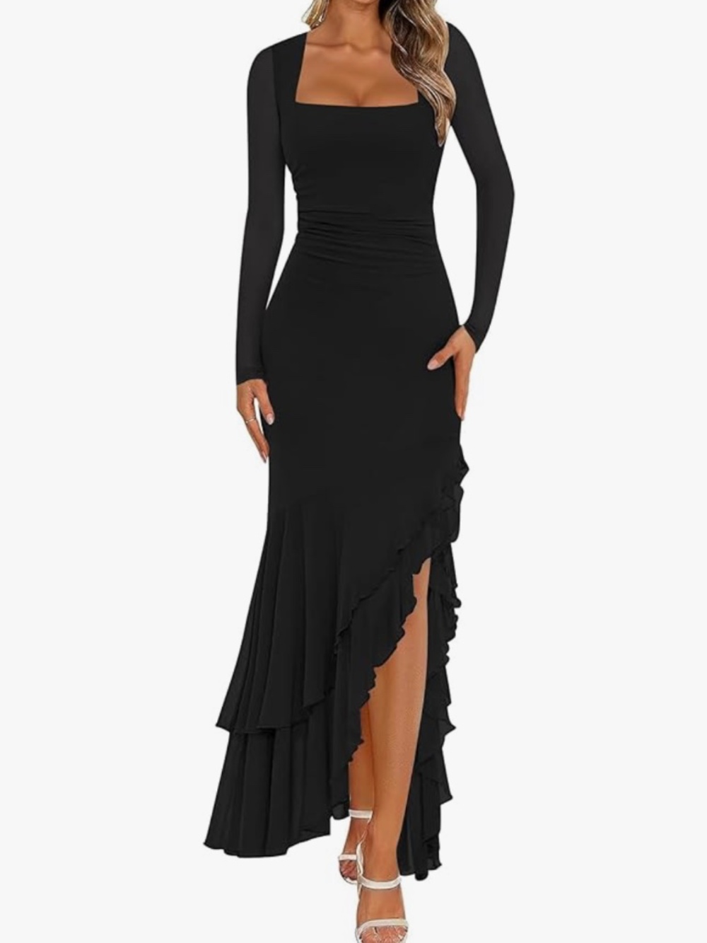 BORIFLORS Women's Bodycon Ruched Mesh Long Sleeve Maxi Formal Dress Size S-M